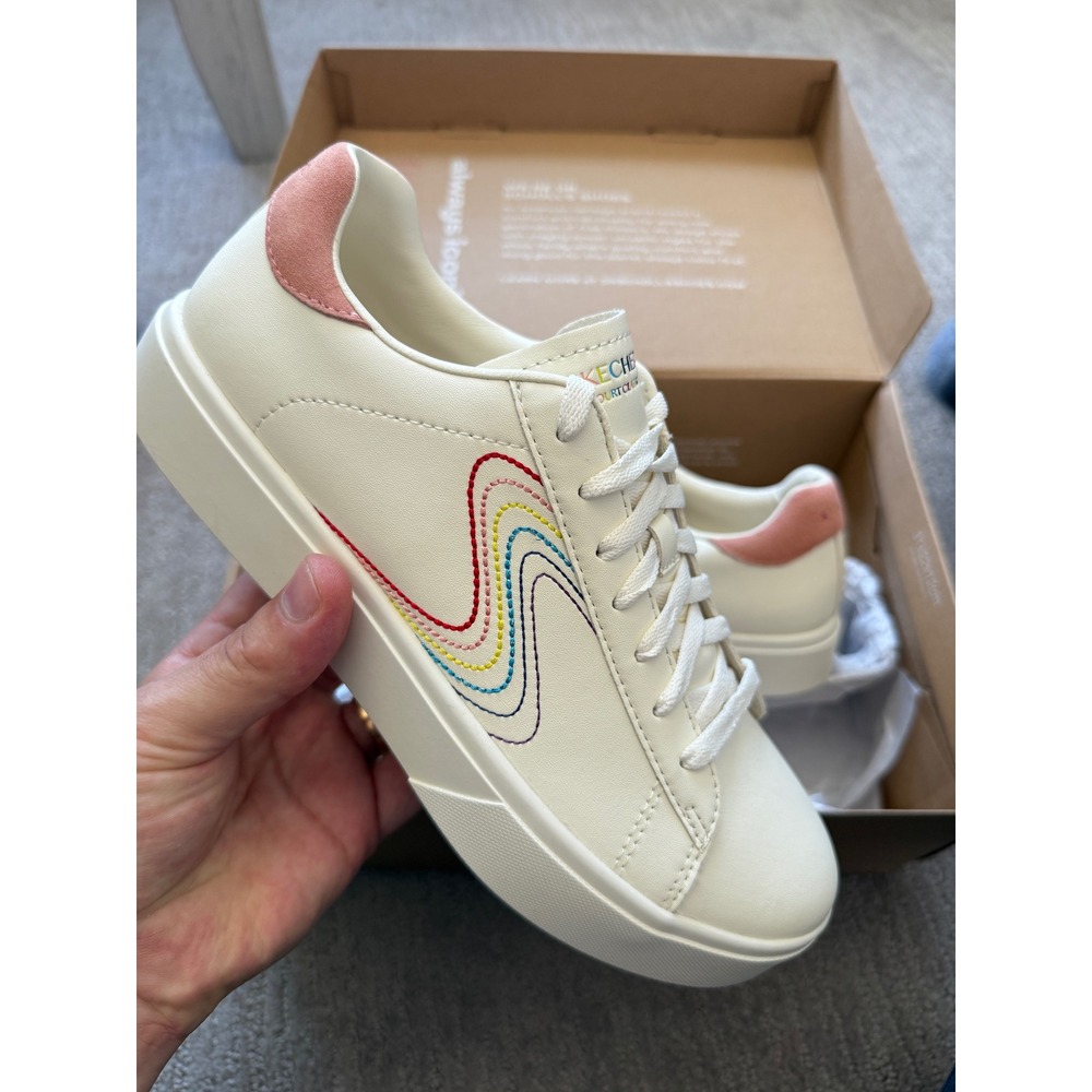 Skechers Court Classics Women 8 Off‎ White Rainbow Embroidered Lace Up Sneakers